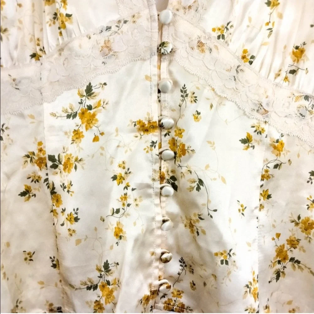 Reformation Yellow Floral Lace-Trim Puff Sleeve Top
